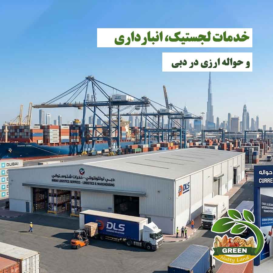 سوله انبارداری در دبی و تجهیزات لجستیکی بندرگاه با کامیون‌های ترانزیتی و لوگوی گرین ناتی لند.